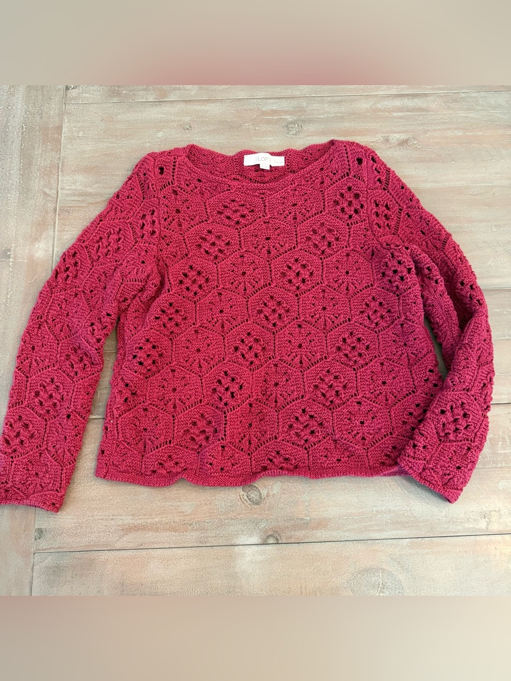 LOFT Womens Sweater Open Knit cotton Raspberry Sz S petite Preowned
